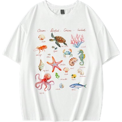 Shein Oversized Casual Minimalist Pattern Round Neck Short Sleeve Loose Women TShirt Plus Ocean Seaford Cuisine Seabed Sea Turtle Oyster Cl