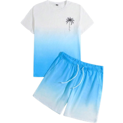 Shein pcs Mens Ombre Plant Print Crew Neck Tee And LaceUp Shorts Set Casual Holiday Outfit
