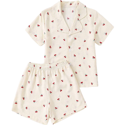 Shein Tween Girl Two Piece Set Of Cute Bubble Pleated Cherry Print Pajamas Comfortable Fabric And Lapel Design Perfect For Pajama Parties And Relaxing Night