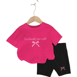 Shein pcs Baby Girls Fashionable And Cute Bowknot Letter Print Casual Comfortable Round Neck Short Sleeve TShirt And Shorts Set Suitable For Summer Vacation
