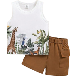 Shein Baby Boys Cute Cartoon Animal Pattern Printed Vest Top And Shorts Set For SpringSummer