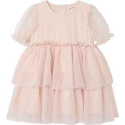 Lil'Atelier Mini Girls Tulle Layered Short Sleeve Dress - Peach Blush