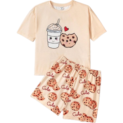 Shein Tween Girl Breathable And Comfortable Short Sleeve Shorts Flame Resistant Pajama Set For Summer