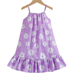 Shein Young Girl Summer Holiday Beach Playtime Purple Crinkled Blossom Pattern Sleeveless Loose Fit MidLength ALine Strap Dress Summer