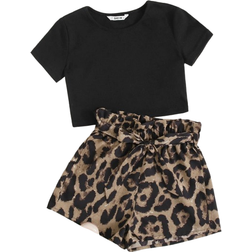 Shein Girls Crop Tee and Paperbag Waist Shorts Set