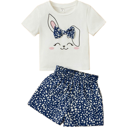 Shein Young Girl Cartoon Graphic Bow Front Tee Dalmatian Print Shorts