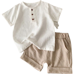Shein Toddler Boys Half Button Tee & Roll Up Hem Shorts