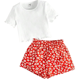 Shein Young Girl pcsSet Casual Solid Short Sleeve TShirt And Ditsy Floral Shorts Summer