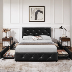 Yaheetech Polsterbett Doppelbett aus Kunstleder 140 x 200 cm Schwarz Bettrahmen 140 x 200cm