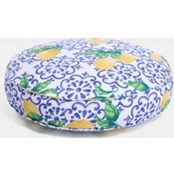 OHS Indoor Outdoor Round Lemon Print Filled Cushion - White/Blue Complete Decoration Pillows Blue, Yellow