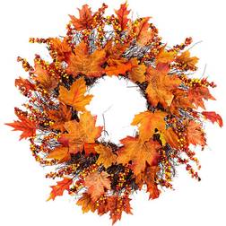 Living and Home Rattan LED Wreath with Maple Leaves Twigs Berries 45cm Orange Decoration