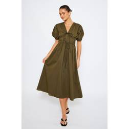South Beach Tie Front Short Sleeve Midi Dress - Khaki