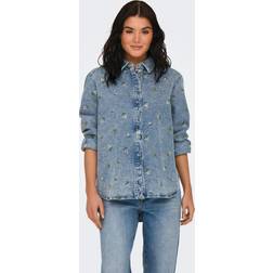 Only Onlvera L/S Flower Emb Shirt - Light Blue Denim Flower
