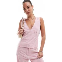 Stradivarius Embroidered Linen Blend Top - Pastel Pink