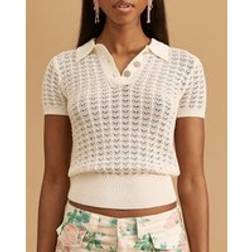 River Island Diamante Trim Crochet Polo Top - White
