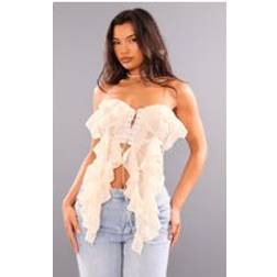PrettyLittleThing Cream Bandeau Chiffon Ruffle Lace Up Corset - White