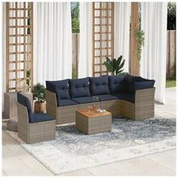 vidaXL 7-tlg Garten-Sofagarnitur mit Kissen Grau Poly Rattan Lounge-Set