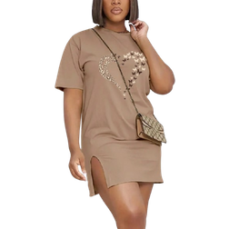 Shein Womens Heart Printed Round Neck Split Hem Casual Short Sleeve Summer Dress