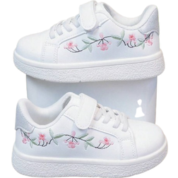 Shein pair Kids Classic Hook And Loop Casual White Shoes With Cartoon Embroidery Decor Breathable Comfortable Canvas Sneakers For Boys Girls