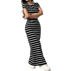 Shein Black And White Striped Round Neck Short Sleeve Fitted Long Dress FallWinter