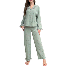 Shein Bubble Rüschen Kragen Langarm Pyjama Set - Ditsy Blumen