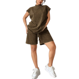 Shein pcsSet Vintage Inspired Casual Outfit Loose Collar TShirt Wide Leg Bermuda Shorts Summer
