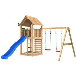 Jungle Gym Cabin 2.1 inkl. Swing Module, 120 kg sand och blå rutschkana