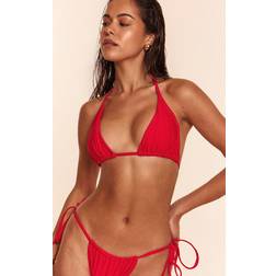 PrettyLittleThing Red Ruched Tie Front Triangle Bikini Top - Red
