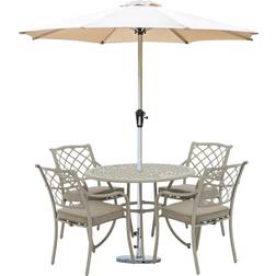 Bramblecrest Bridgewater 4-Seater Round Garden Table & Chairs with Parasol Stone Patio Dining Set
