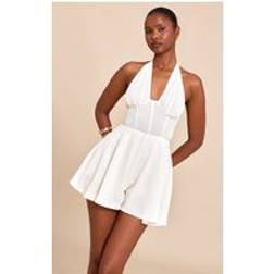 PrettyLittleThing Cream Chiffon Halterneck Corset Detail Skort Playsuit - White