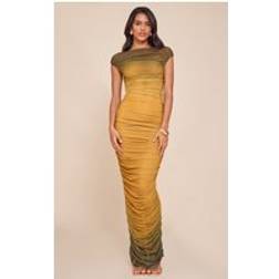 PrettyLittleThing Ombre Lined Mesh Ruched Midaxi Dress - Ochre