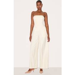 PrettyLittleThing Cream Tailored Woven Button Up Wide Leg Bandeau Jumpsuit - White
