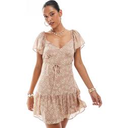 New Look frill skirt mini dress in brown floral pattern-Pink