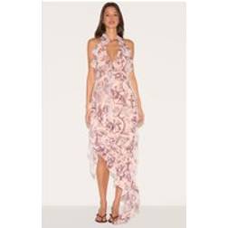 PrettyLittleThing Stone Chiffon Print Frill Detail Plunge Midaxi Dress - White