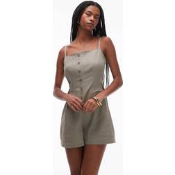 Topshop Kakigrön Playsuit I Linne Med Knappar - Grön/A