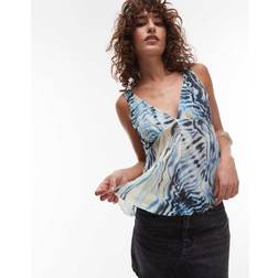 Topshop Crinkle Mesh Print V Neck Top - Blue
