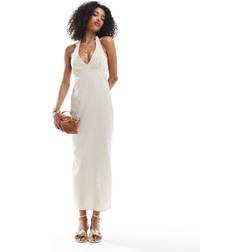 Bershka Halterneck Linen Maxi Dress - Ecru Stripe
