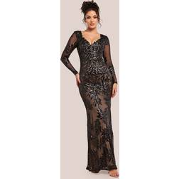 Goddiva Sequin Leaf Long Sleeve Maxi Dress - Black