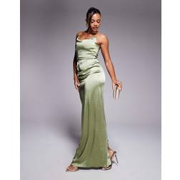 Vesper Satin Strappy Maxi Dress With Split - Khaki/Green