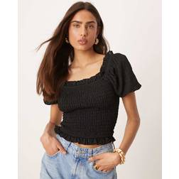 Gina Tricot Puff Sleeve Frill Shirred Top - Black