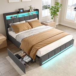 Ivy Bronx Linen Upholstered With LED Charging Ports 140 x 200 cm Grey Frame Bed