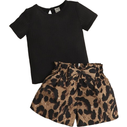 Shein Baby Girl Keyhole Back Tee Leopard Print Paperbag Waist Shorts
