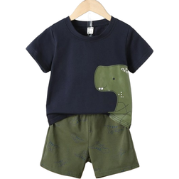 Shein Toddler Boys Cartoon Dinosaur Tee With Track Shorts