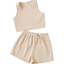 Shein Girls Solid Tank Top & Knot Front Shorts