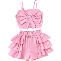 Shein Toddler Girls' Cute Pearl Decor Stud & Bowknot Design Sleeveless Top And Shorts 2pcs/Set Spring/Fall Outfits