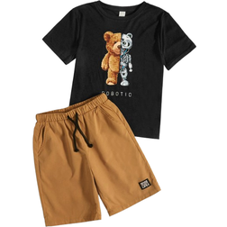 Shein Tween Boy Bear & Letter Graphic Tee & Drawstring Waist Shorts