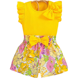 Shein Baby Girl Casual Bow Detail Sleeve Top With Bowknot And Floral Print Shorts Set Suitable For Holiday Summer