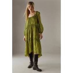 Warehouse Womens Snake Shadow Stripe Ruffle Square Neck Smock Midi Dress - Gold