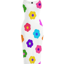Shein Bunter Blumen bedrucktes einfaches weißes langes Kleid mit schlankem Träger, geeignet für legeren Sommer