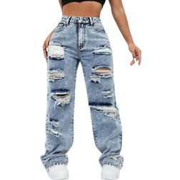 Shein Damen amerikanischer Straßen-Stil personalisierte trendige Boyfriend-Jeans mit Rissen gerade geschnitten